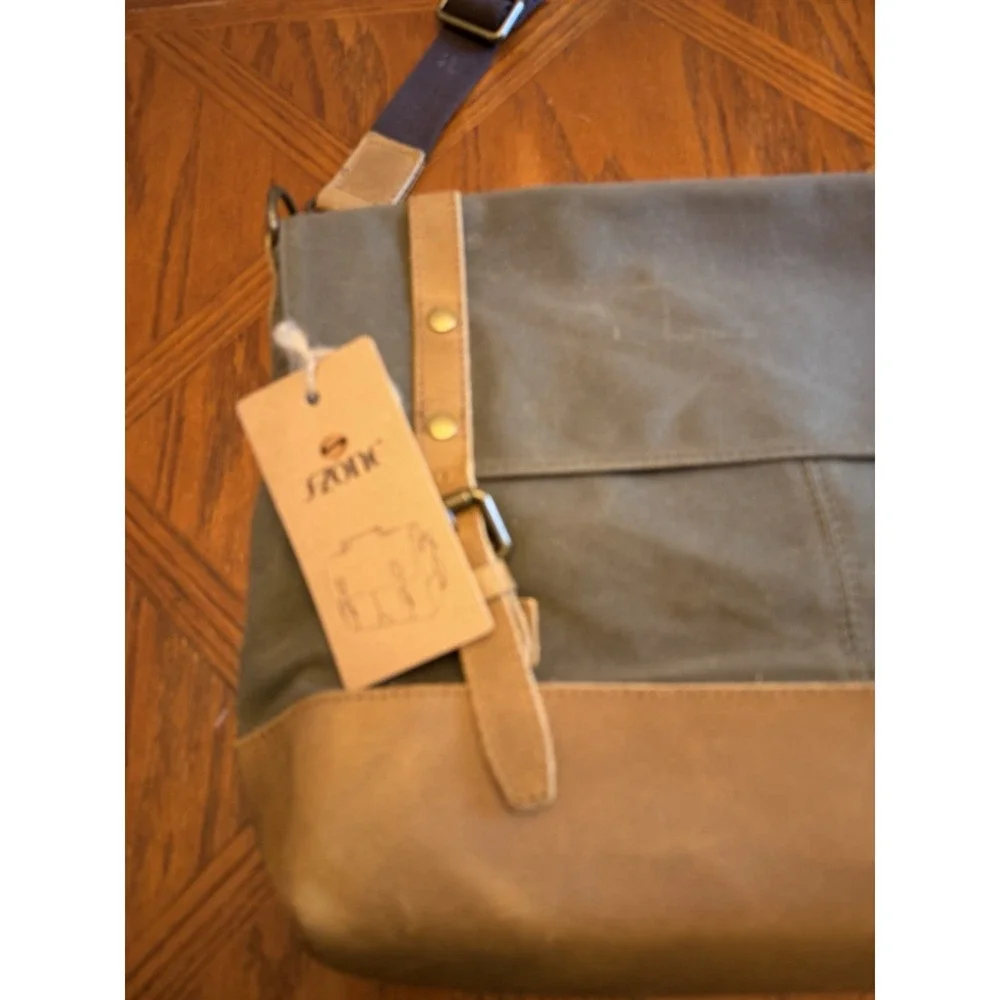 S-ZONE Canvas Leather Messenger Bag Laptop Briefcase Workwear Army Green